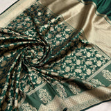Bottle green colour pure katan silk handwoven banarasi saree