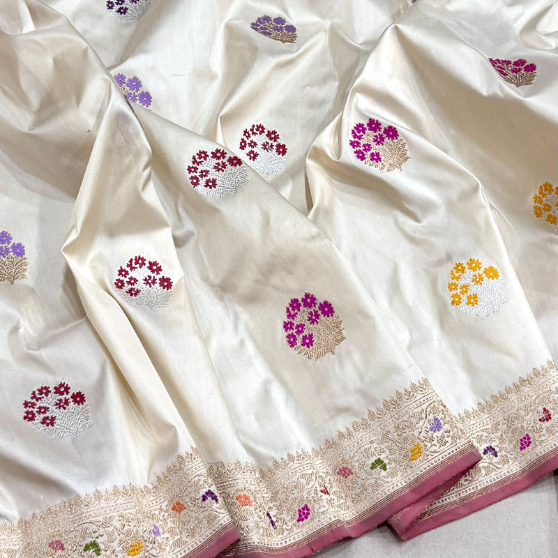 Off white colour pure katan silk handwoven banarasi saree