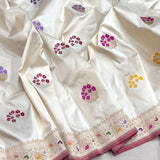 Off white colour pure katan silk handwoven banarasi saree