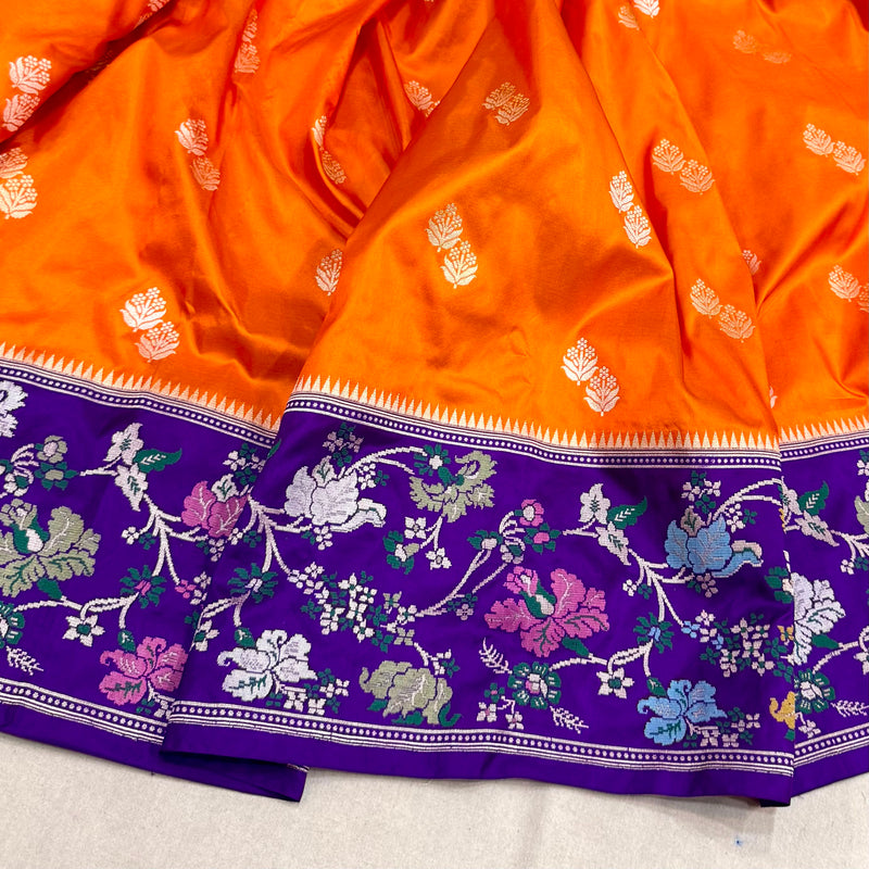 Orange colour pure katan silk handwoven Banarasi saree