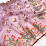 Pink colour pure kora Handwoven Banarasi saree