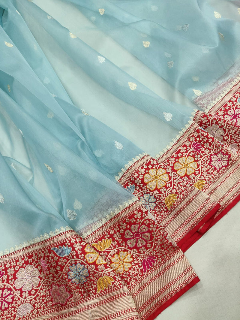 Sky blue colour Pure Kora  Handwoven Banarasi Saree