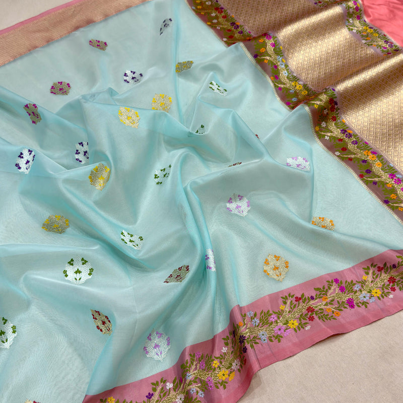Sky Blue colour pure kora Handwoven Banarasi saree