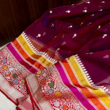 Wine colour pure Kora handwoven banarasi saree