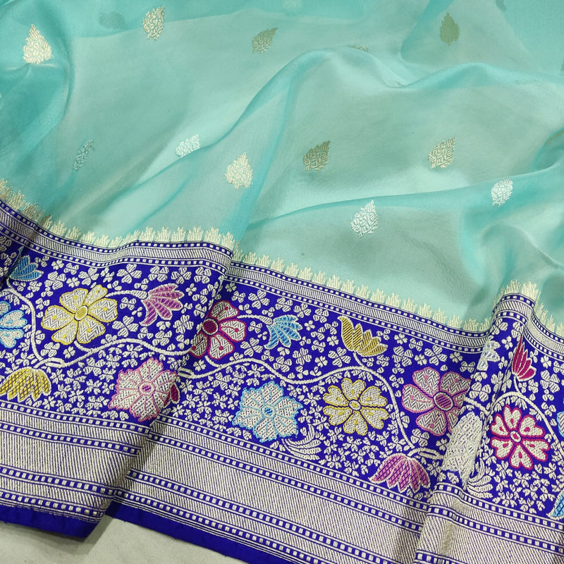 Sky blue colour Pure Kora  Handwoven Banarasi Saree