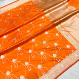 Orange colour pure katan silk handwoven banarasi saree