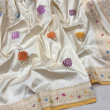 Off white colour pure katan silk handwoven banarasi saree