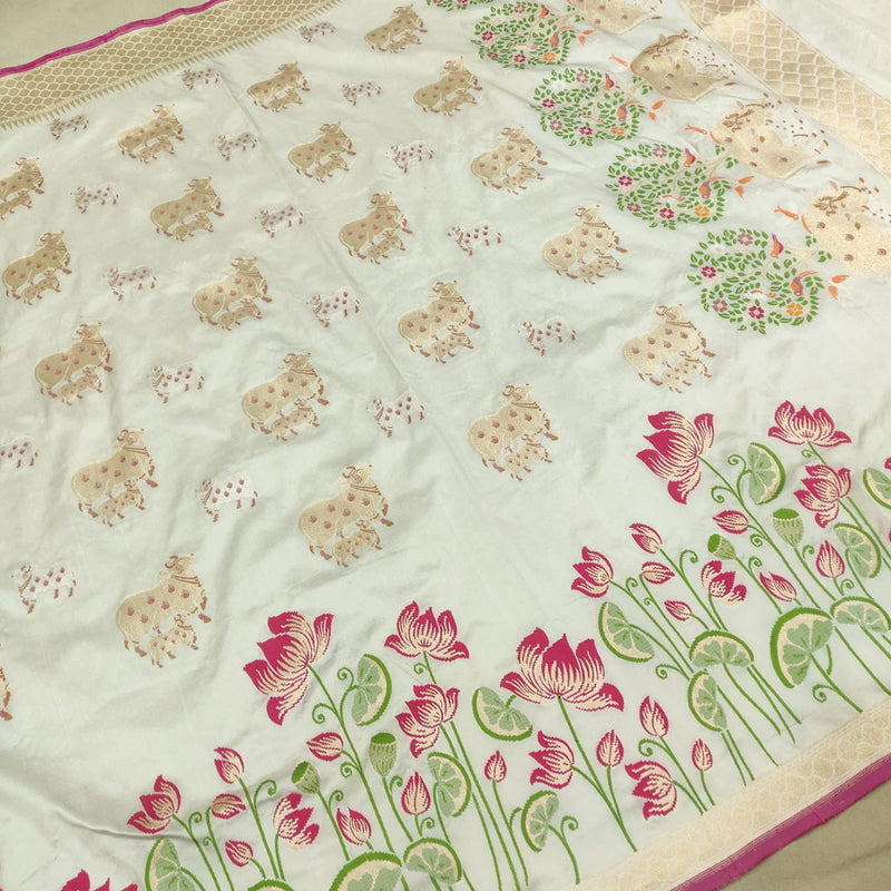 White colour pure katan silk Handwoven banarasi saree