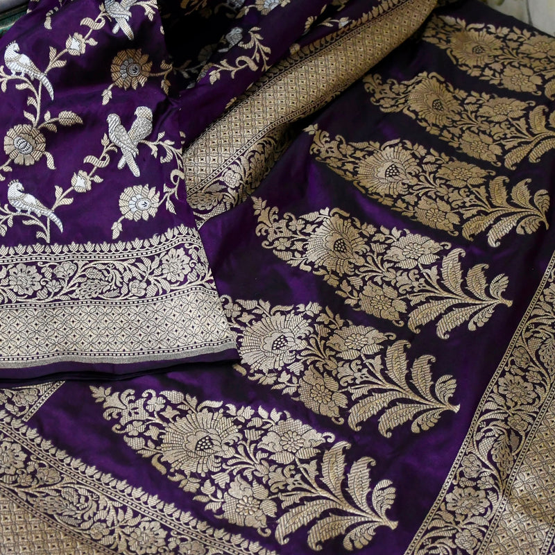 Purple colour pure katan silk handwoven banarasi saree