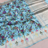 Sky blue colour pure katan silk Handwoven banarasi saree
