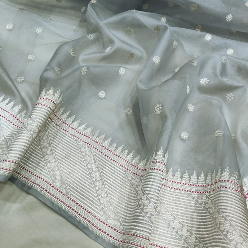 Grey Colour Pure Kora Silk Handwoven Banarasi Saree