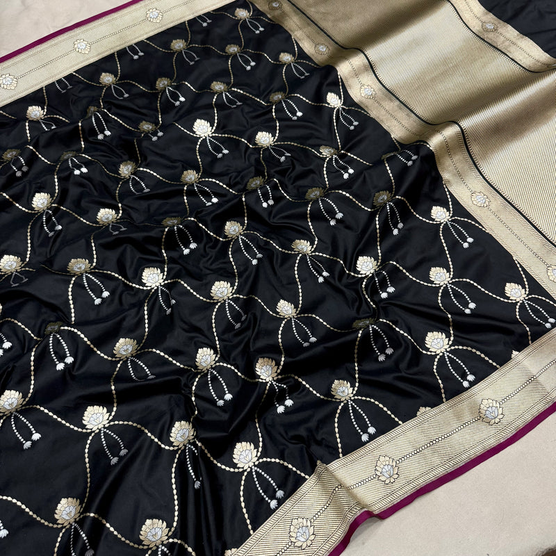 Black colour pure katan silk handwoven banarasi saree