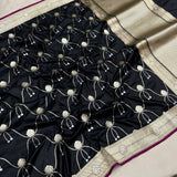Black colour pure katan silk handwoven banarasi saree