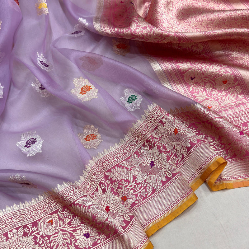 Lavender colour pure kora Handwoven banarasi saree