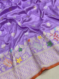 Lavender colour pure katan silk Handwoven banarasi saree