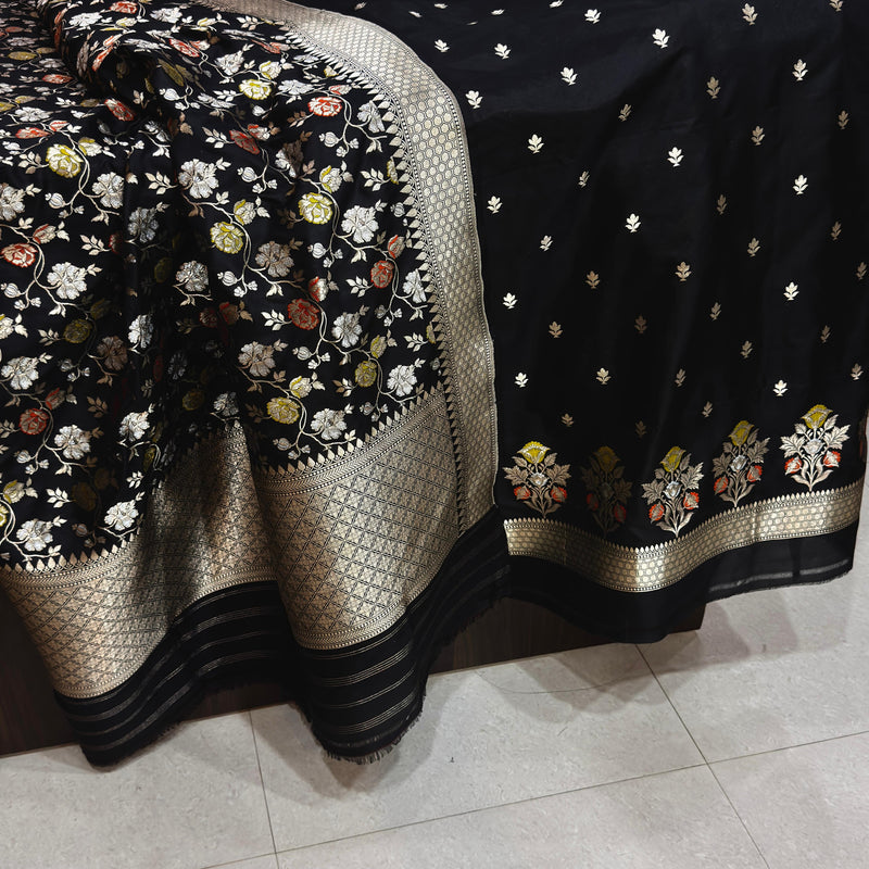 Black colour pure katan silk Handwoven banarasi two piece suit