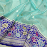 Sky blue colour Pure Kora  Handwoven Banarasi Saree