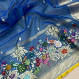 Peacock colour pure kora jamdani Handwoven banarasi saree