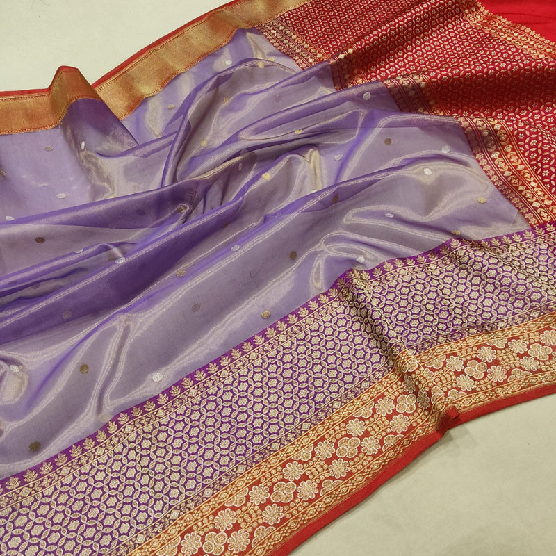 Lavender colour pure tissue handwoven banarasi saree