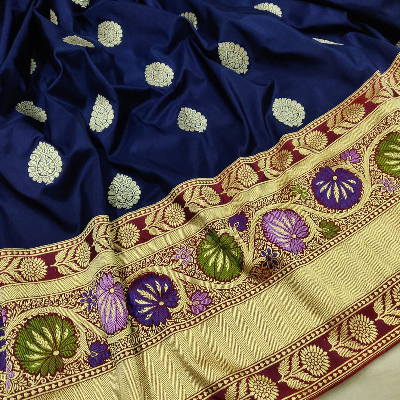 Nevi Blue colour Pure Katan Silk Handwoven Banarasi Saree
