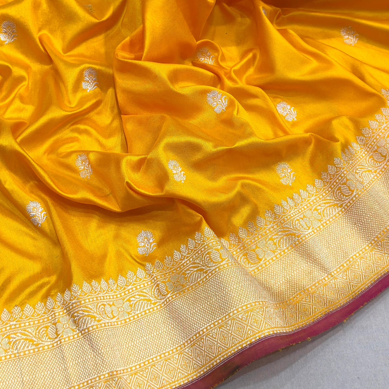 Yellow colour pure katan silk handwoven banarasi saree