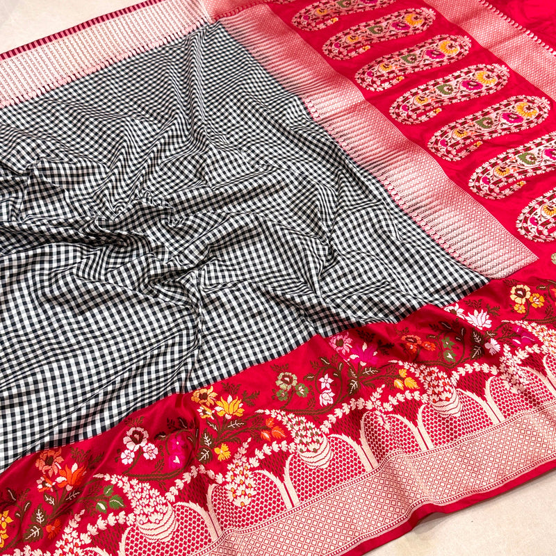 Black colour pure katan silk Handwoven banarasi saree