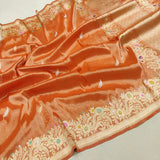 Orange colour Pure Tissue Silk Handwoven Banarasi Saree