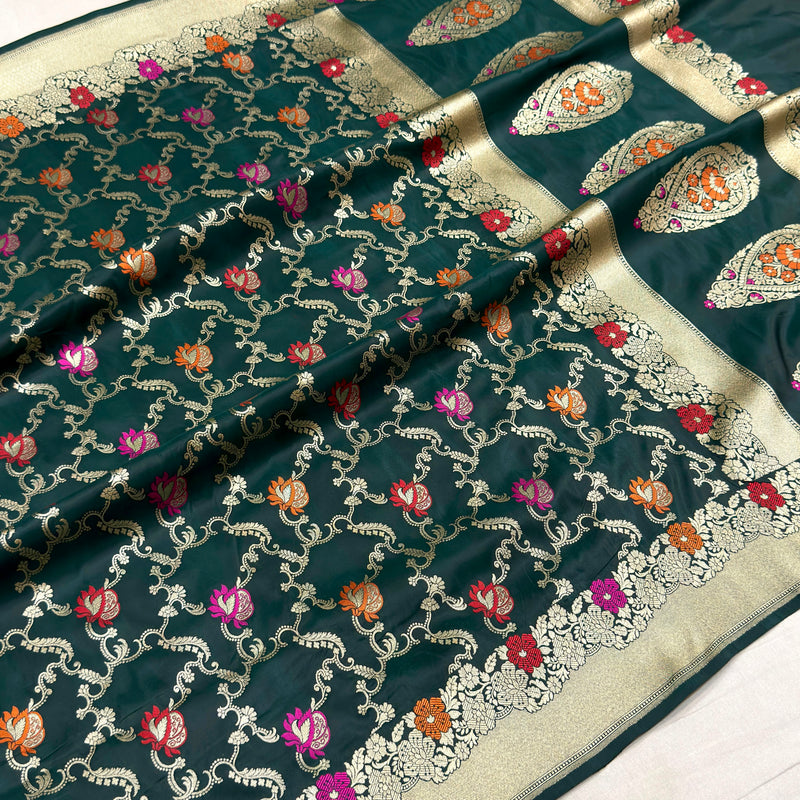 Dark green colour pure katan silk Handwoven banarasi saree