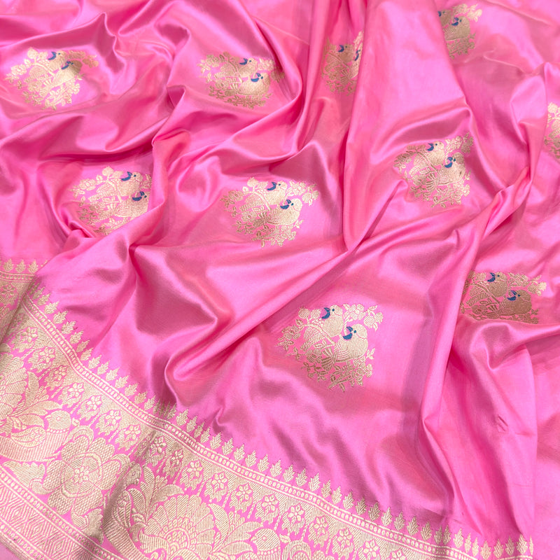 Pink colour pure katan silk handwoven banarasi saree