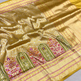 Yellow colour pure katan silk Handwoven banarasi Tanchoi saree