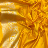 Yellow colour pure katan silk handwoven banarasi saree