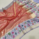 Peach Colour Pure Tissue Silk Handwoven Banarasi Saree