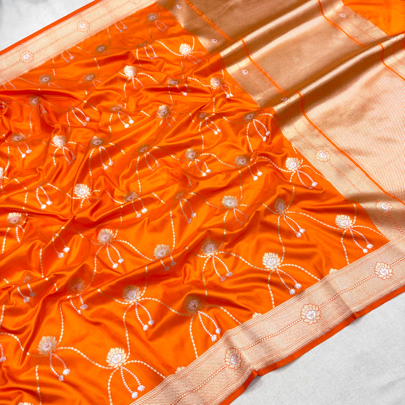 Orange colour pure katan silk handwoven banarasi saree