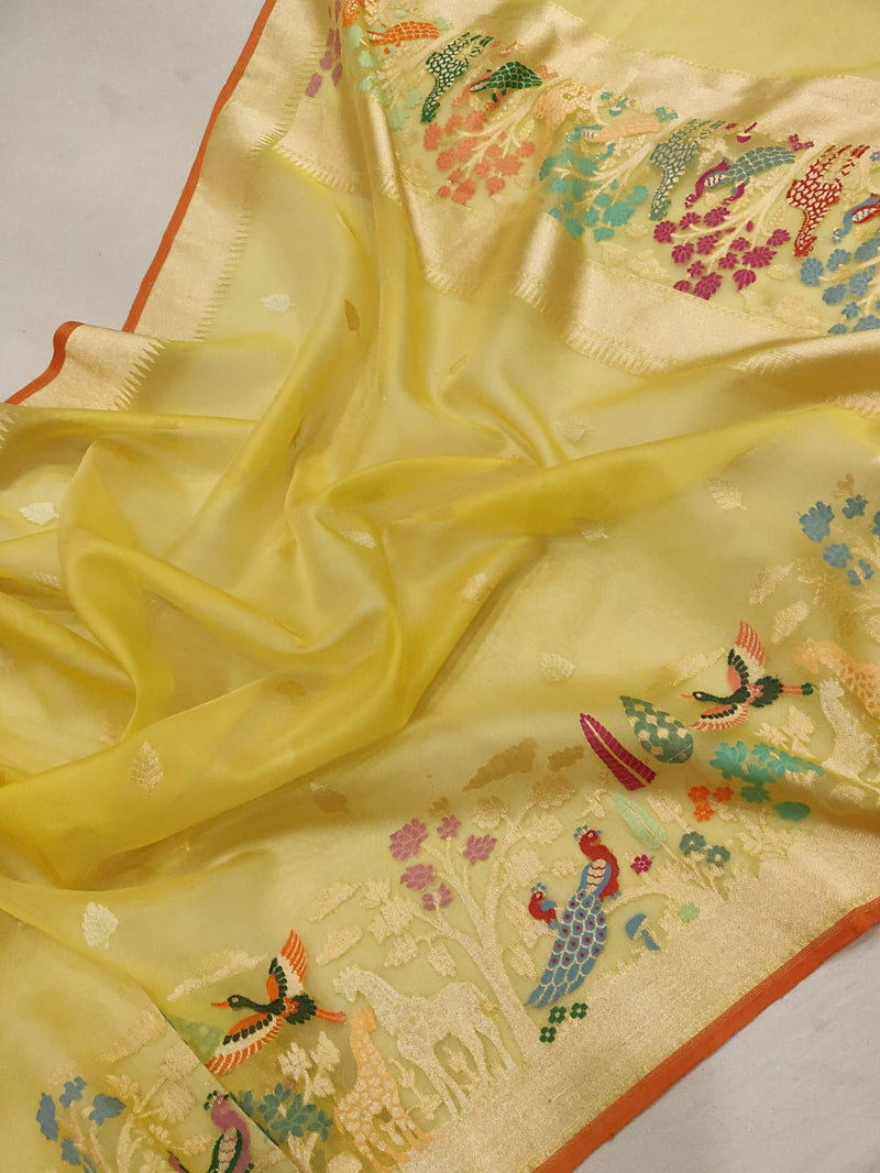 Yellow colour Pure Ektara Kora Silk Handwoven Banarasi Saree