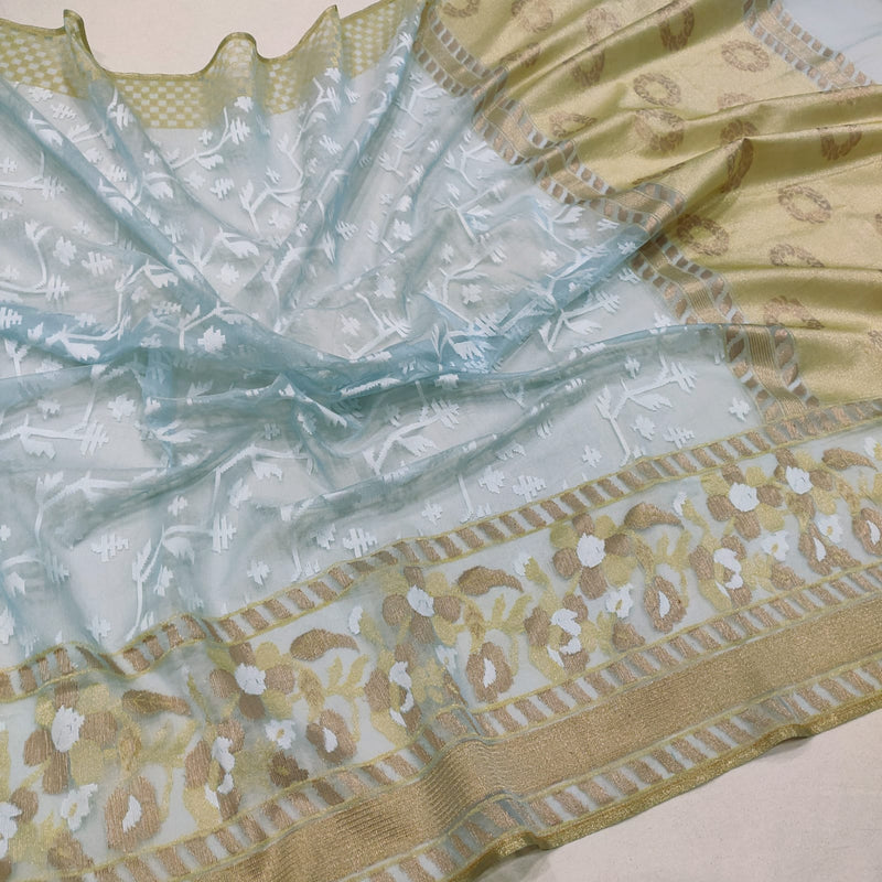 Blue colour Pure Kora Net Handwoven Banarasi Saree