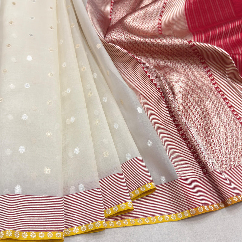 Off White colour pure kora Handwoven Banarasi saree
