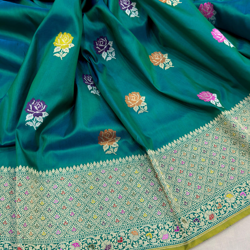 Peacock green colour pure katan silk Handwoven banarasi saree