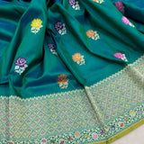 Peacock green colour pure katan silk Handwoven banarasi saree