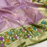 Lavender colour pure tissue handwoven banarasi saree