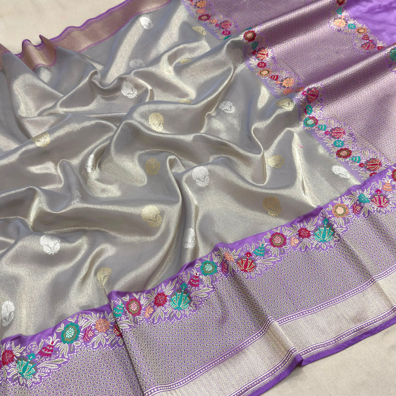 Grey colour pure tissue Handwoven Banarasi saree