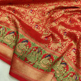 Red colour Pure Katan Silk Handwoven Banarasi tanchoi Saree