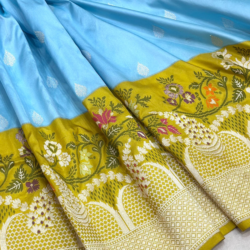 Sky Blue colour pure katan silk Handwoven banarasi saree