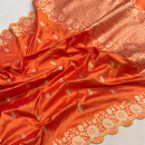 Orange colour pure katan silk Handwoven banarasi saree