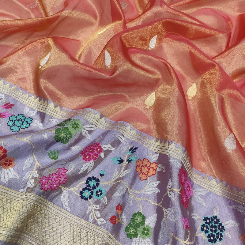 Peach Colour Pure Tissue Silk Handwoven Banarasi Saree