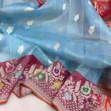 Sky Blue colour pure kora Handwoven banarasi