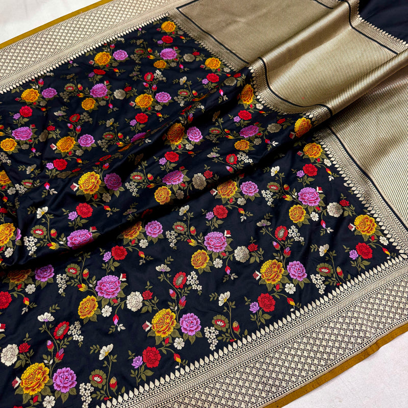 Black colour pure katan silk handwoven banarasi saree