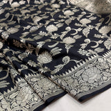 Black colour pure katan silk Handwoven banarasi saree