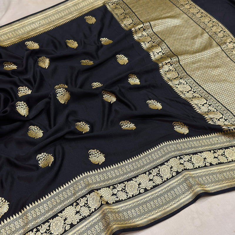 Black colour pure Mashru Silk Handwoven banarasi saree