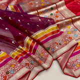 Wine colour pure Kora handwoven banarasi saree
