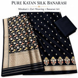 Black colour pure katan silk handwoven banarasi 3  piece suit